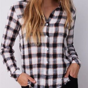 NWT! Super Cute! Bella Dahl Frayed Hem Plaid Button Down Top